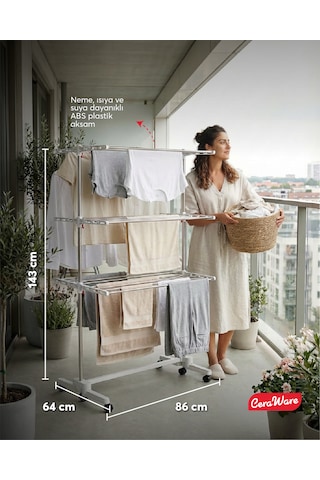 Home Lite Premium 3 Katlı Çamaşırlık Made in Korea Tekerlekli Çamaşır Kurutmalık Eco Gri