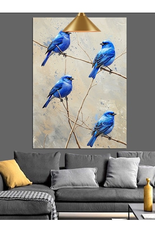 Mavi Tüylü Uçan Üç Kuş Dekoratif Kanvas - Mdf Ahşap Tablo
