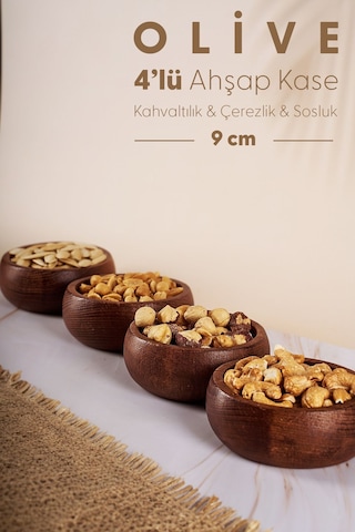 Olive - 4 Adet Yuvarlak Ahşap Çerezlik 9 Cm Ahşap