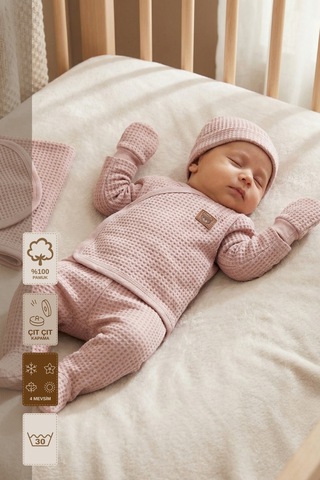 Minory Baby - %100 Pamuk 7'li Hastane Çıkışı Seti Yenidoğan 7'li Set Waffle Kumaş Pembe Pembe
