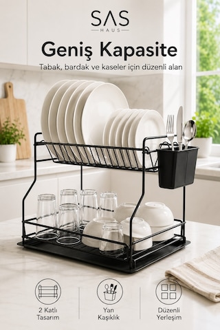Sas Haus 2 Katlı Metal Bulaşıklık Kaşıklıklı Ve Damlalıklı Tezgâh Üstü Bulaşık Kurutmalık Dtb-02 Siyah
