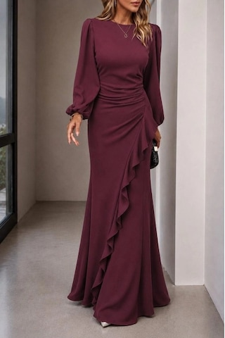 Defymoda Kadın Uzun Kollu Bisiklet Yakalı Önden Fırfırlı Uzun Janjan Krep Elbise Bordo