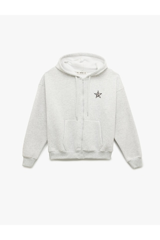 Koton Cep Detaylı Yıldız İşlemeli Kapüşonlu Fermuarlı Oversize Sweatshirt Kar Melanj 6sal10272ık Gri Melanj