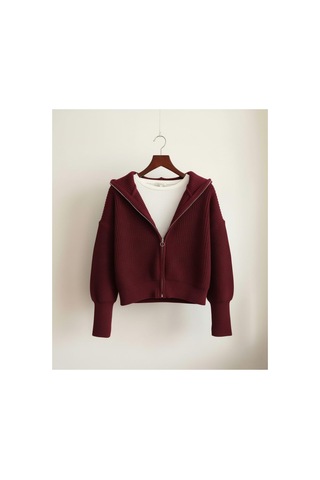 Flex Fashıon Kadın Bordo Trend Devrik Yaka Fermuarlı Popüler Triko Hırka Bordo - 782907763 Bordo - 782907763 Bordo