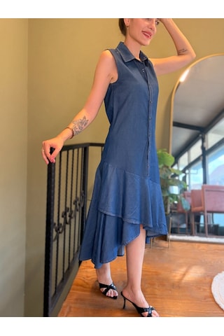 Ali Butik Koyu Mavi Düğmeli Elbise