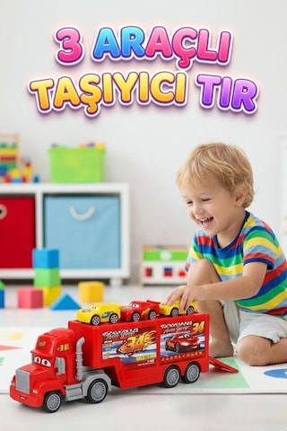 Şimşek Mcqueen 3 Adet Yarış Arabası Taşıyıcı Tır Yan Panelleri Açılır Rampalı Oyun Seti