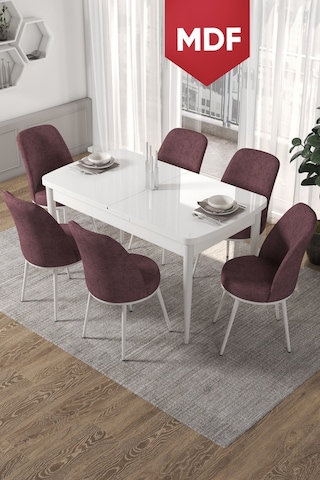 Canisa Concept Kor Serisi 70x114 Açılabilir Beyaz Mutfak Masası Takımı-6 Adet Gülkurusu Sandalye Masalar Beyaz Sandalyeler Gülkurusu