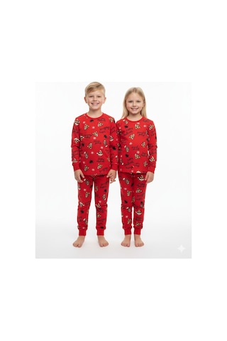 Kırmızı Renkli Baskılı Unisex Pijama Takımı %100 Pamuk Kırmızı
