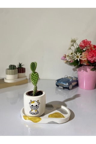 Tabaklı Tekli Altın Inek Motifli Mini Saksı Seti Çiçeksiz