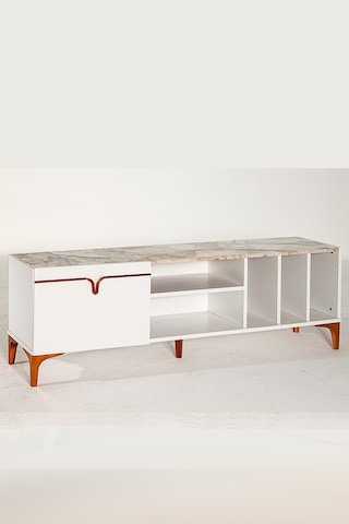Pietra Tv Ünitesi - Beyaz Mermer Desenli 160 Cm 2 Kapaklı + 2 Raf