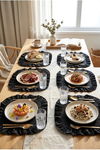 Pamuklu Fırfırlı Kare Supla 6'lı Set Amerikan Servis 33 Cm Supla Siyah