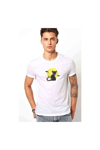 Cat On The Moon Baskılı Beyaz Erkek Tshirt