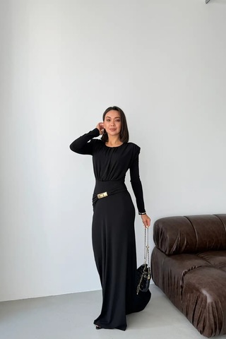 Feminist Siyah Vatkalı Omuz Büzgülü Tokalı Elbise 475262732