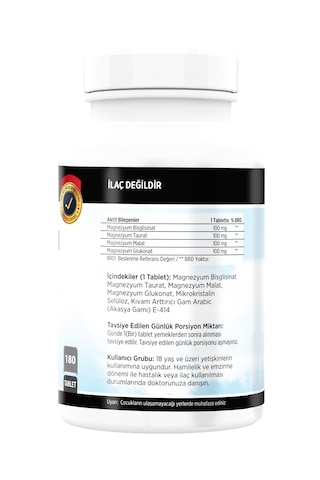 Magnezyum Bisglisinat Malat Taurat Glukonat 180 Tablet