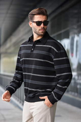 Madmext Siyah Çizgili Polo Yaka Erkek Sweatshirt E7172 Siyah