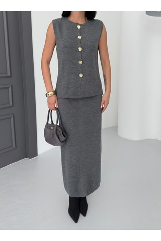 Kadın Düğme Detaylı Yelek Uzun Etek Alt Üst Triko Takım Antrasit