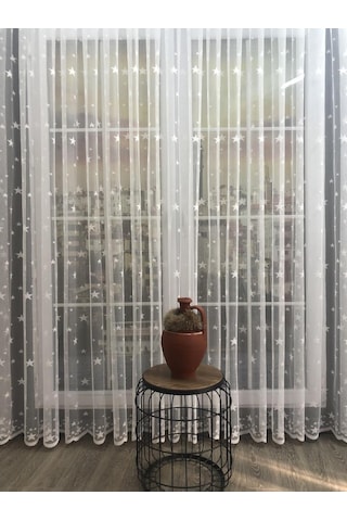 Tül Perde Çocuk Odası Irili Ufaklı Yıldız Desen Örme Kumaş Ekru