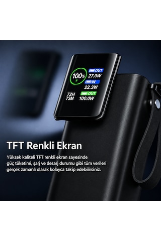 100w Ultra Hızlı Şarj Powerbank 20000 Mah Pd 3.0 Tft Ekranlı Dahili Type-c Kablolu Siyah