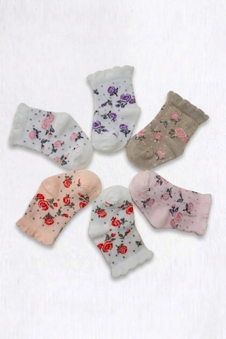 Cocole Socks Kız Bebek Soket Çorabı Kraft Kutulu 6'lı Set Pamuklu 0-1 Güllü Çok Renkli