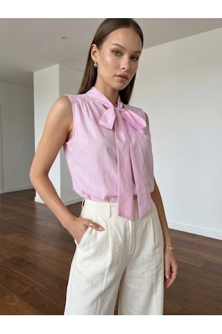 Pera Moda Sıfır Kol Fularlı Modal Yazlık Kadın Gömleği Pembe