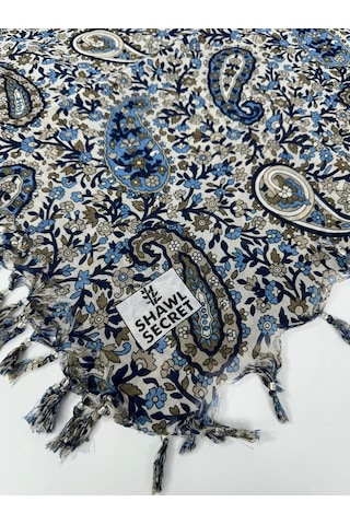 Shawl Secret Sökme Boncuklu Pamuk Yazma - 05868 Vizon-mavi