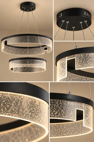 Modern Premium Cam Led Sarkıt Avize Siyah Çift Halkalı Dekoratif Salon Avizesi 48w
