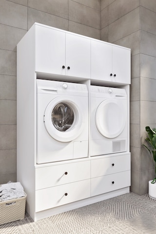 Ases Mobilya Ases Elz533 Çamaşır Makinesi Ve Kurutma Makinesi Extra Boy 4 Kapak 4 Çekmece Banyo Dolabı Beyaz Beyaz