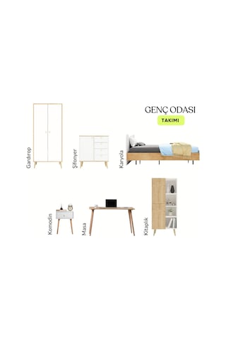 Floradesign Genç Odası Takımı Gardırop + Karyola + Şifonyer + Komodin + Çalışma Masası + Kitaplık Meşe + Beyaz Meşe - Beyaz
