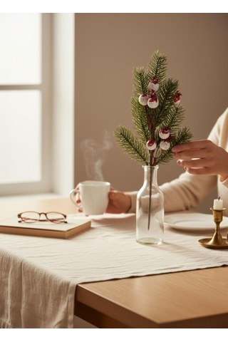 Yapay Çiçek Kokina Narlı Çam Dalı Karlı Renk 30cm Yılbaşı Çiçeği Red Berry Kırmızı