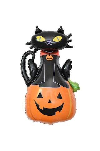 Kedili Bal Kabağı Büyük Boy 70x100 Cm Folyo Balon Halloween Cadılar Bayramı Parti Malzemesi