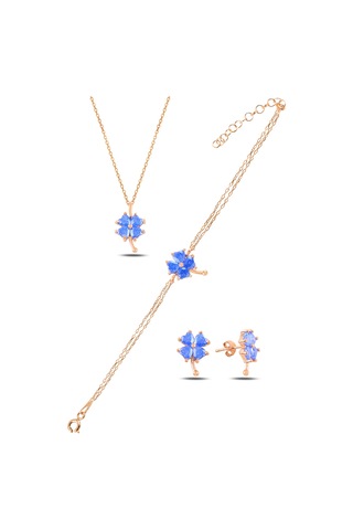 Çekirdekjewelry 925 Ayar Gümüş Rose Mavi Taşlı Yonca Takı Seti Pembe