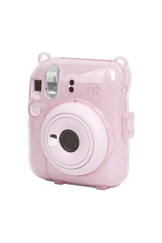 Fujifilm Instax Mini 12 Fotoğraf Makinesi + 20'li Film + Kıskaçlı Resim Standı + Simli Pleksi Kılıf Seti Pembe