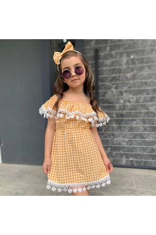 Kız Çocuk Güpürlü Ekose Elbise (554875174) Beyaz - Sarı