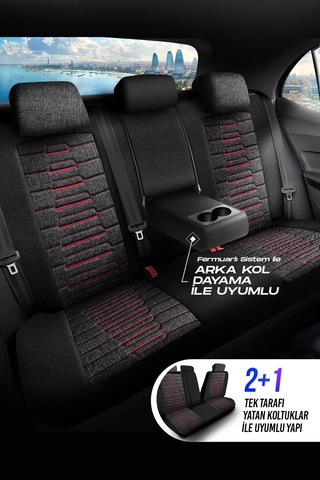 Füme - Kırmızı Panda Bakü Serısı Keten Kumaş Oto Koltuk Kılıfı - Tam Set