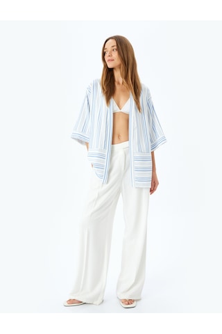 Koton Viskon Karışımlı Cepli 3/4 Geniş Kol Çizgili Kimono Mavi Çizgili 5sak50067uw Mavi Çizgili Mavi