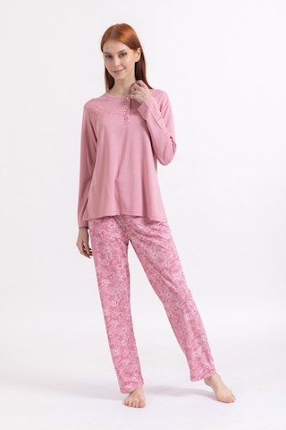 Kadın Dört Mevsim Dantel Desenli Melisa Kumaş Yüksek Kalite Yuvarlak Yaka Pijama Takımı 1361-Pudra