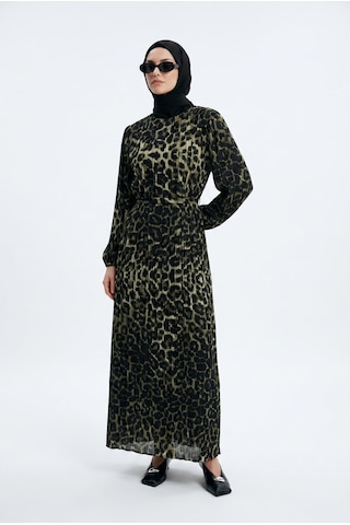 Armine Trend Leopar Desenli Şifon Elbise Siyah 24kt907