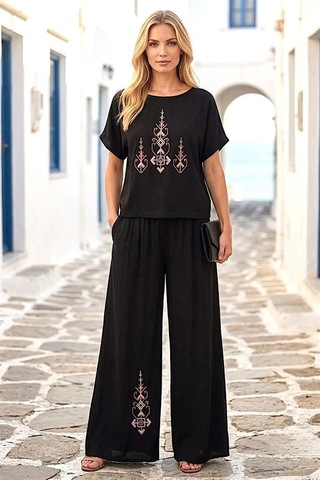Veraura Lifestyle Siyah Etnik Nakışlı İkili Takım