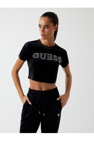 Guess Kadife Kadın Crop T-shirt V3bı01k0232 Siyah