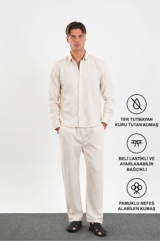 Flare Kışlık Baggy Pantolon Oversize Gömlek Alt Üst Takım %100 Pamuk Bej