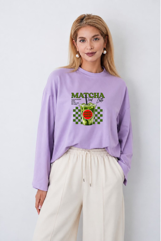 Medinenur Kadın Matcha Baskılı Oversize Geniş Kollu Body Lila