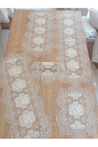 Salon Takımı Çeyizlik Krem Runner Set 5 Parça Keten Ranır Masa Konsol Sehpa Örtüsü Orkide Çok Renkli