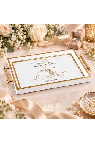Bk Gift Kişiye Özel Beyaz&gold Söz Nişan Tepsisi-8 - 39x23 Cm Çok Renkli