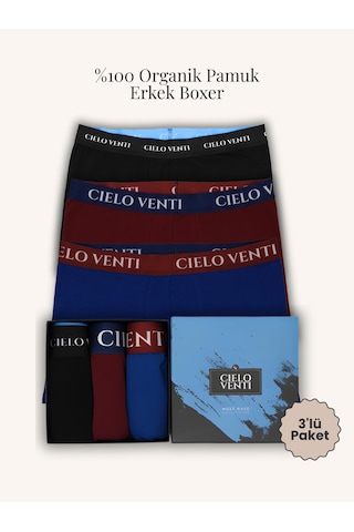 Cielo Venti Night Collection 3'lü Organik Pamuk Erkek Boxer Siyah - Bordo - Mavi - Beyaz