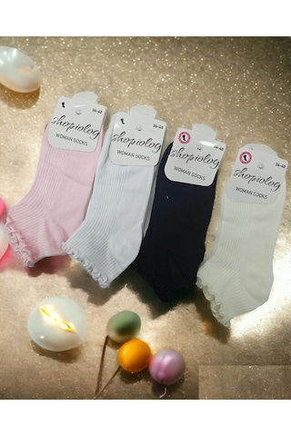 Shopiolog Sevimli Marul Desenli Bilek Çorabı 4'lü Paket Beyaz - Ekru - Siyah - Pembe Çok Renkli