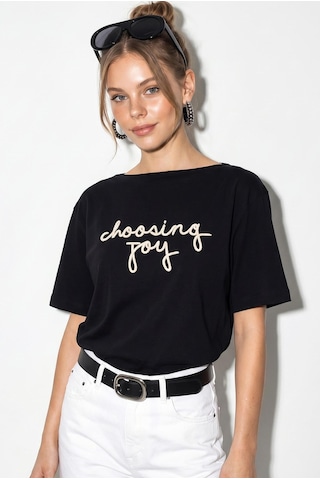 Shade Kadın Nakışlı Yazı İşlemeli Kayık Yaka T-shirt 60382604 - Siyah