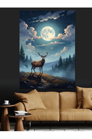 Ahşap Tablo Gece Manzaralı Karlı Orman Ve Geyik