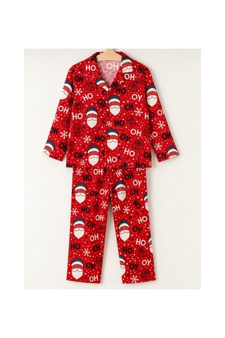 Free Beka Yılbaşı Desenli Kırmızı Uzun Kollu Önden Düğmeli Gömlek Yaka Aile Pijama Takımı Kombini