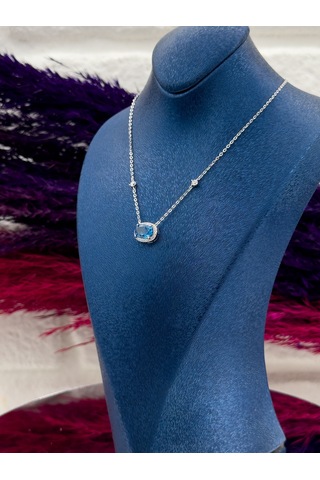 925 Ayar Gümüş Aquamarin Taşlı Özel Tasarım Zarif Kadın Kolye Gümüş