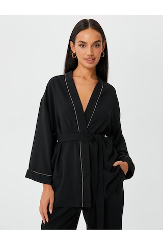 Koton Kimono Kuşaklı Işıltılı Şerit Detaylı Siyah 4wak50160uw Siyah